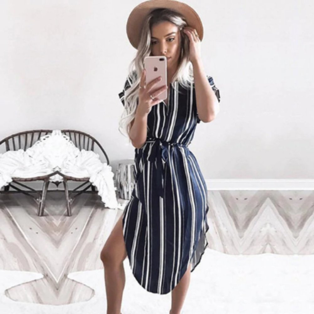 Navy with White Stripes Summer Dress Boho Style